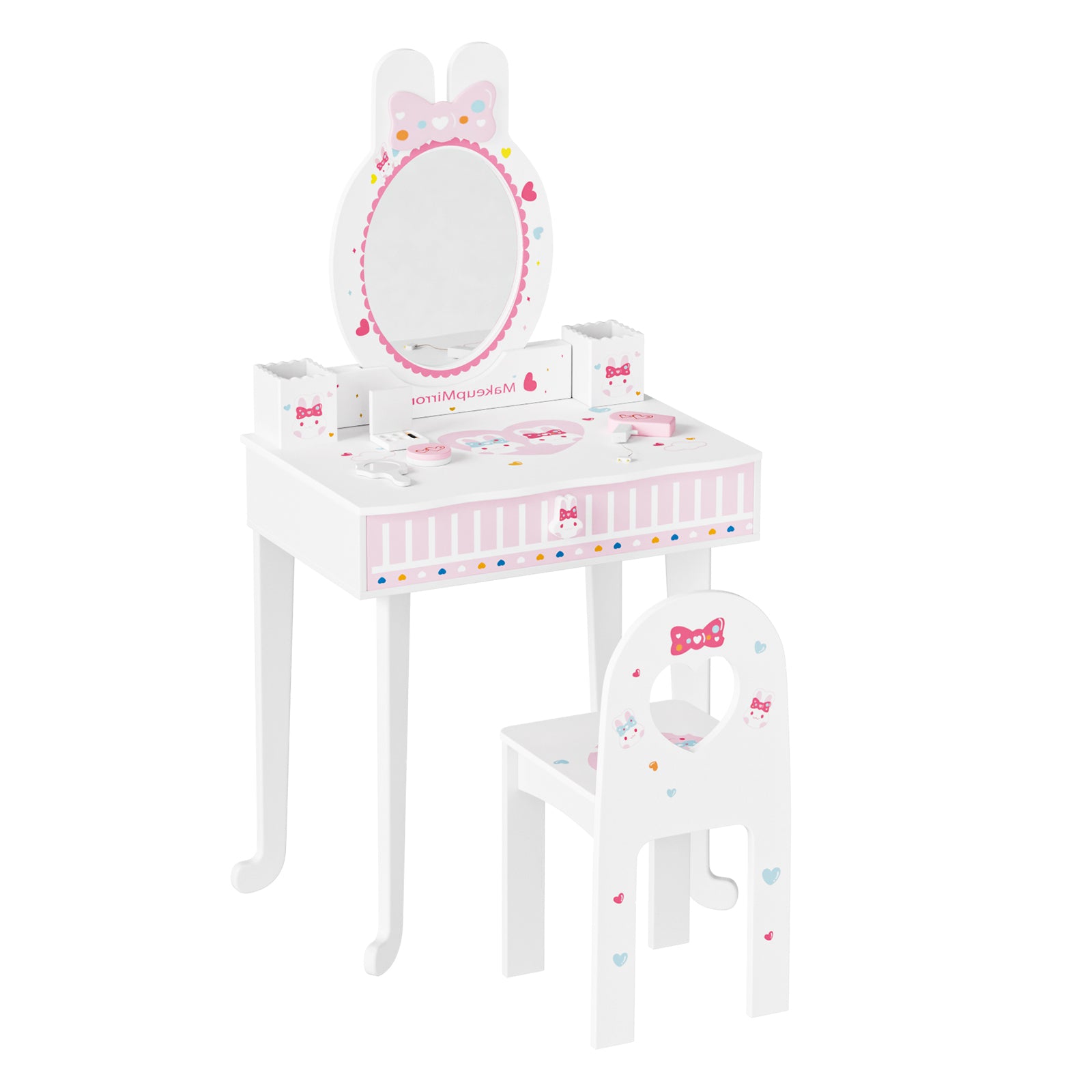 JOYMOR Pretend Play Kids Vanity Set with Mirror 2 in 1 Wooden Princess Joymor