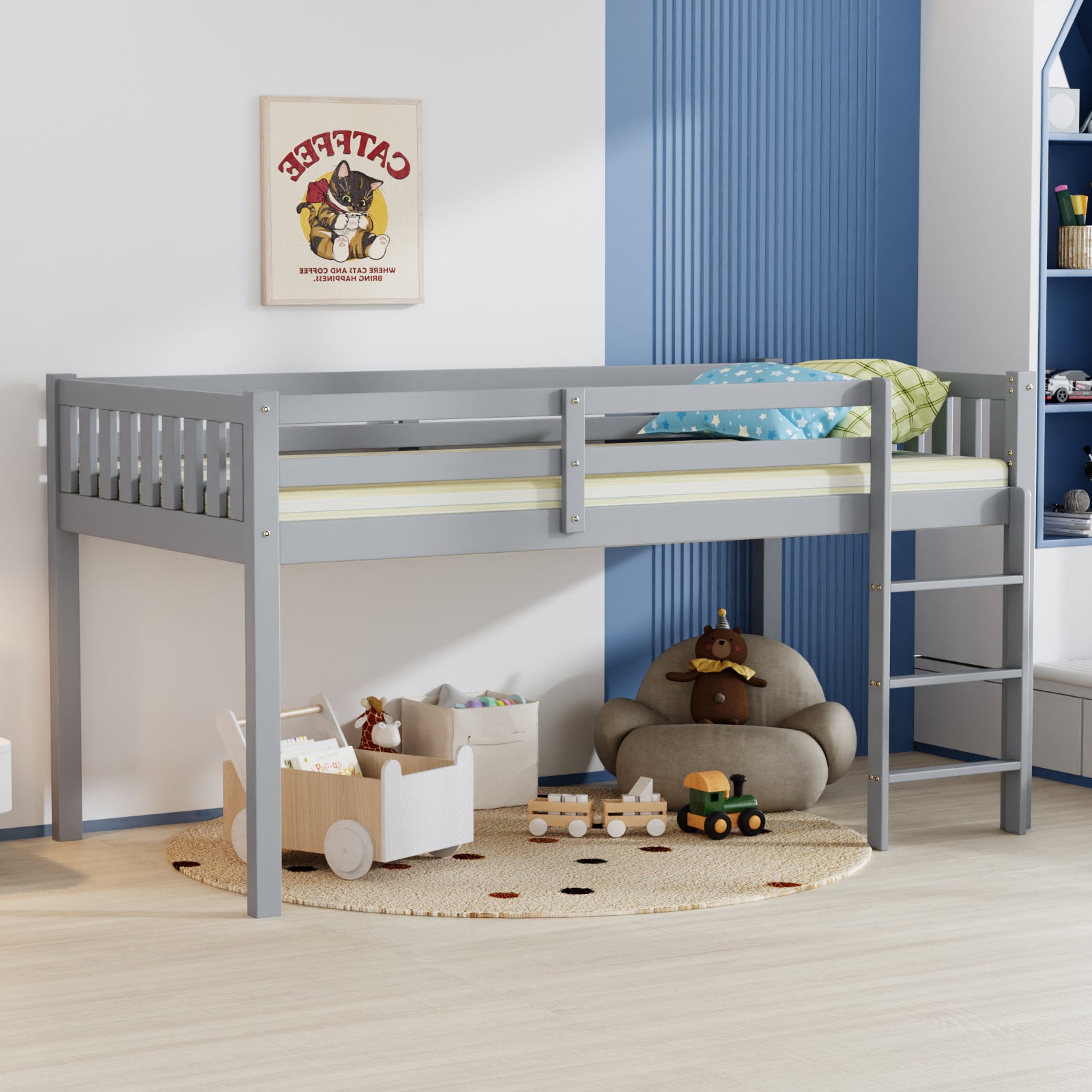 JOYMOR Wooden Toddler Low Loft Bed Twin Size with Stairs