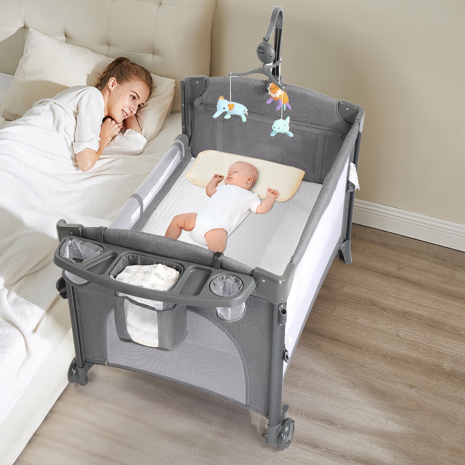 JOYMOR 3 in 1 Baby Bedside Sleeper with Bassinet Portable Folding  Multifunction Baby Crib Grey – Joymor