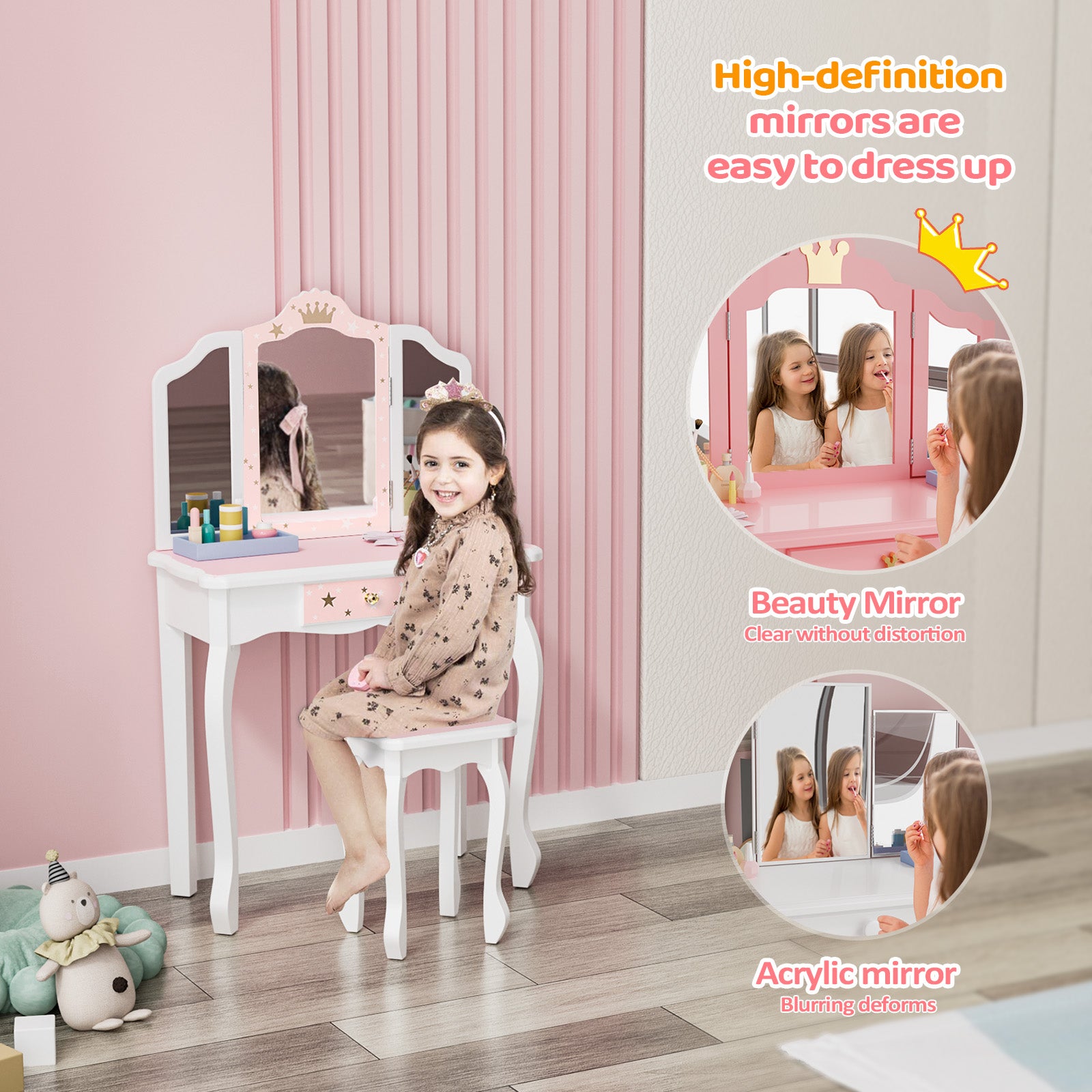 Kids Vanity Princess Makeup Dressing Table Chair Set with Tri-fold