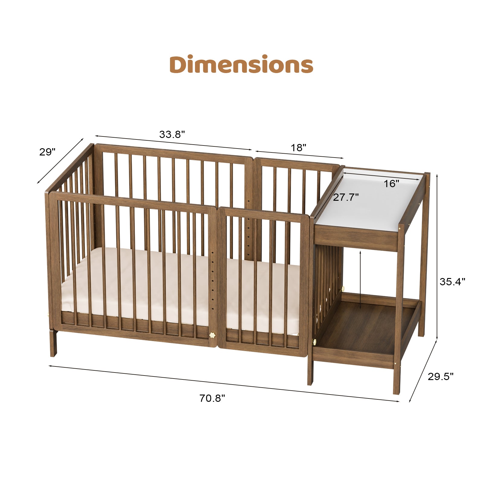 JOYMOR Wood 8 in 1 Convertible Crib with 2 Mattress Crib Washed Natural