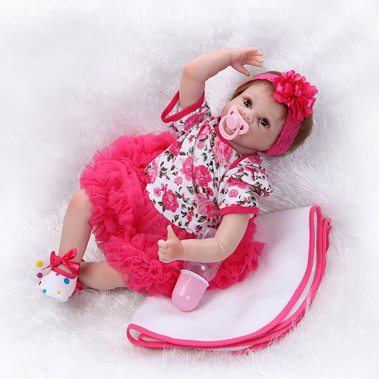 JOYMOR 22in Mini Cute Reborn Baby Dolls Silicone Realistic Baby Dolls  lifelike in Floral Lace Dress